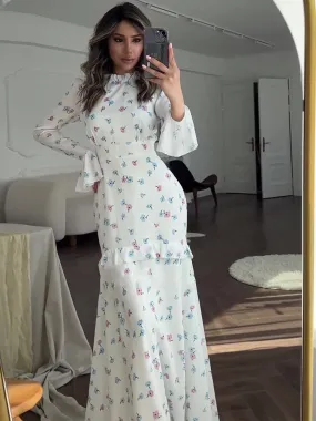 Molly Ruffle Printed Long Sleeve Long Dress
