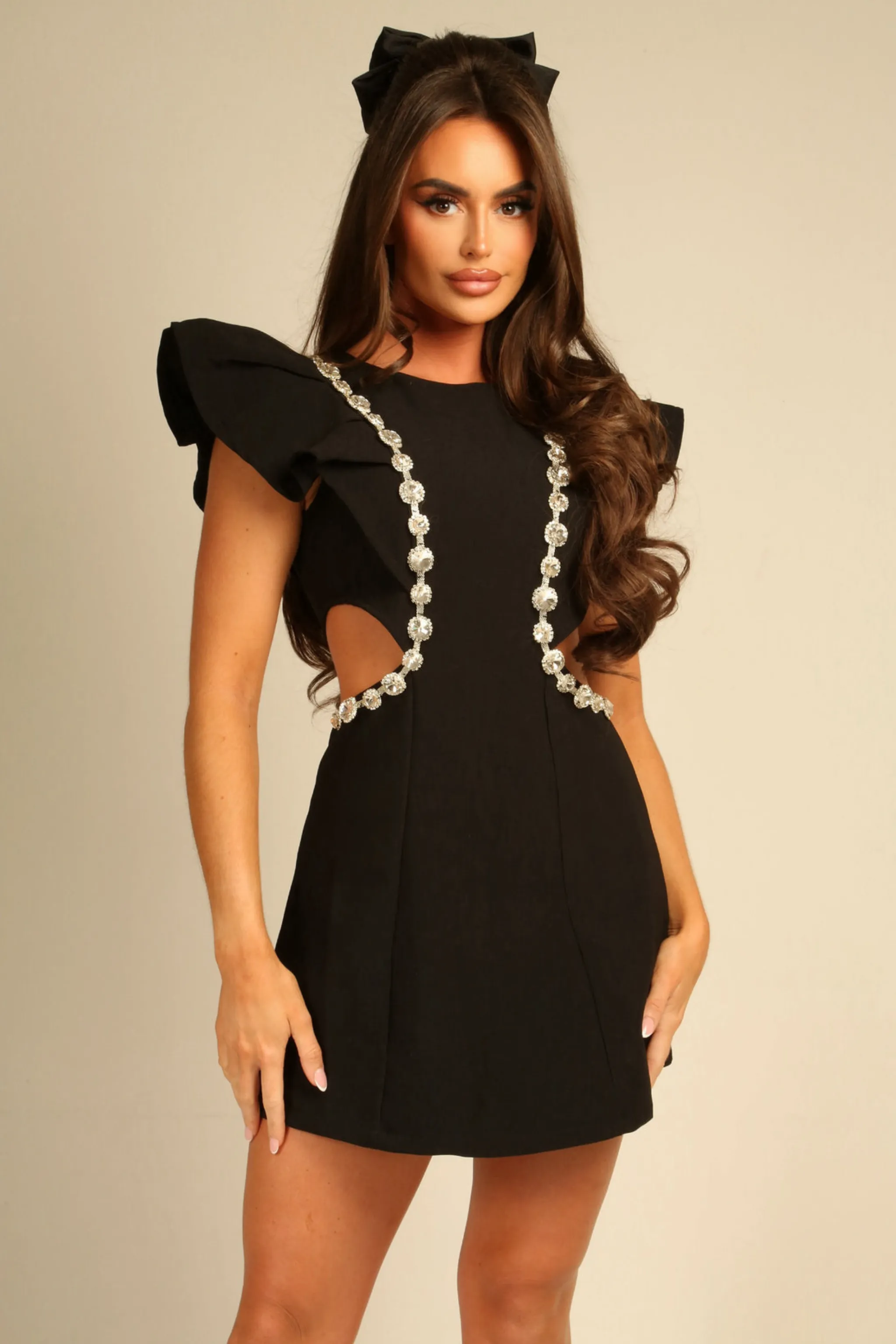NANCY SLEEVE CUT OUT SIDE - Diamond Black Mini Dress