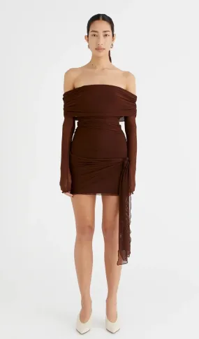 Off Shoulder Sheer Mesh Mini Dress - Cacao