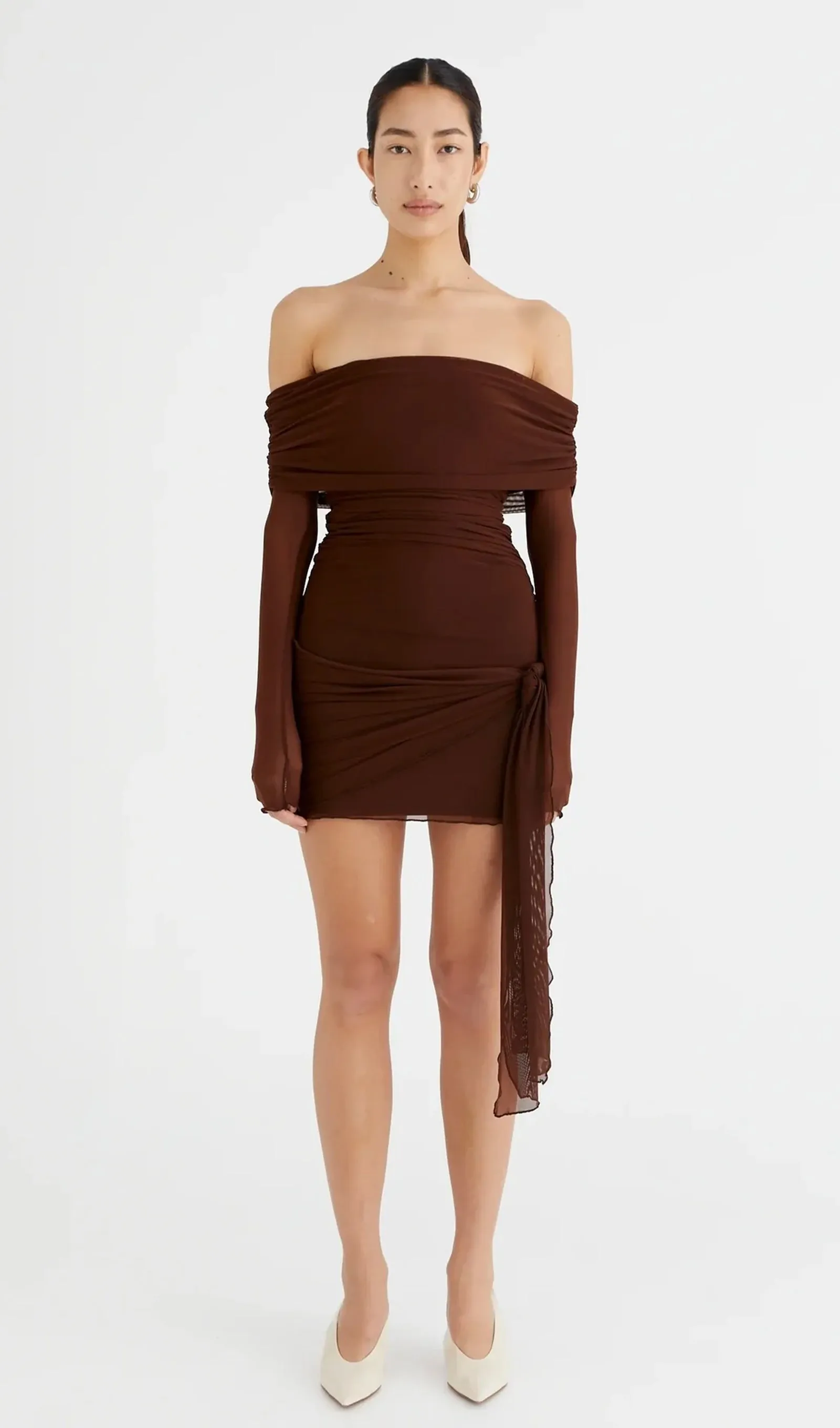 Off Shoulder Sheer Mesh Mini Dress - Cacao