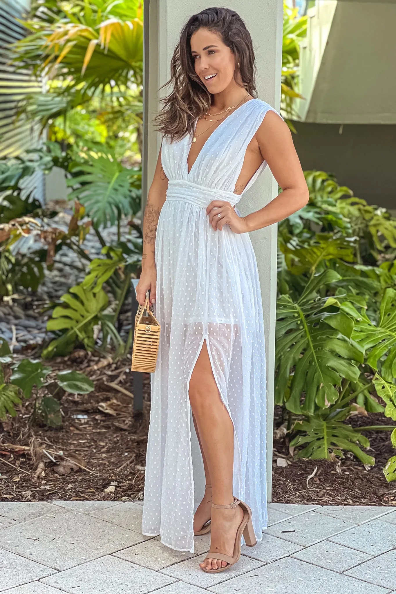 Off White Swiss Dot Deep V-Neck Maxi Dress