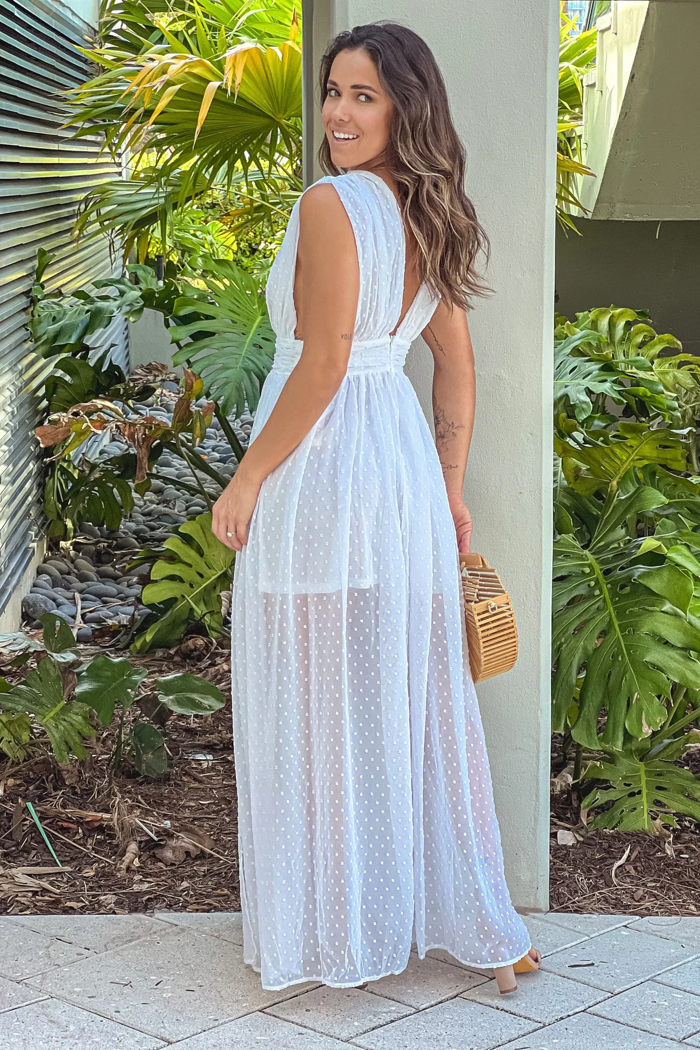 Off White Swiss Dot Deep V-Neck Maxi Dress