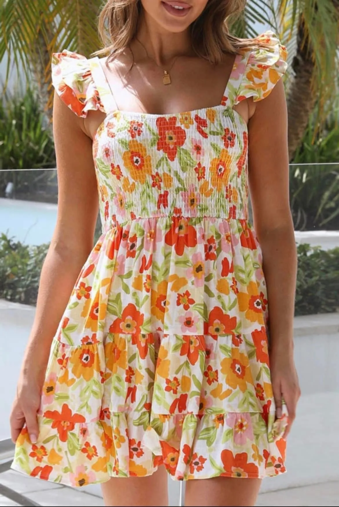 Orange Floral Babydoll Ruffle Dress
