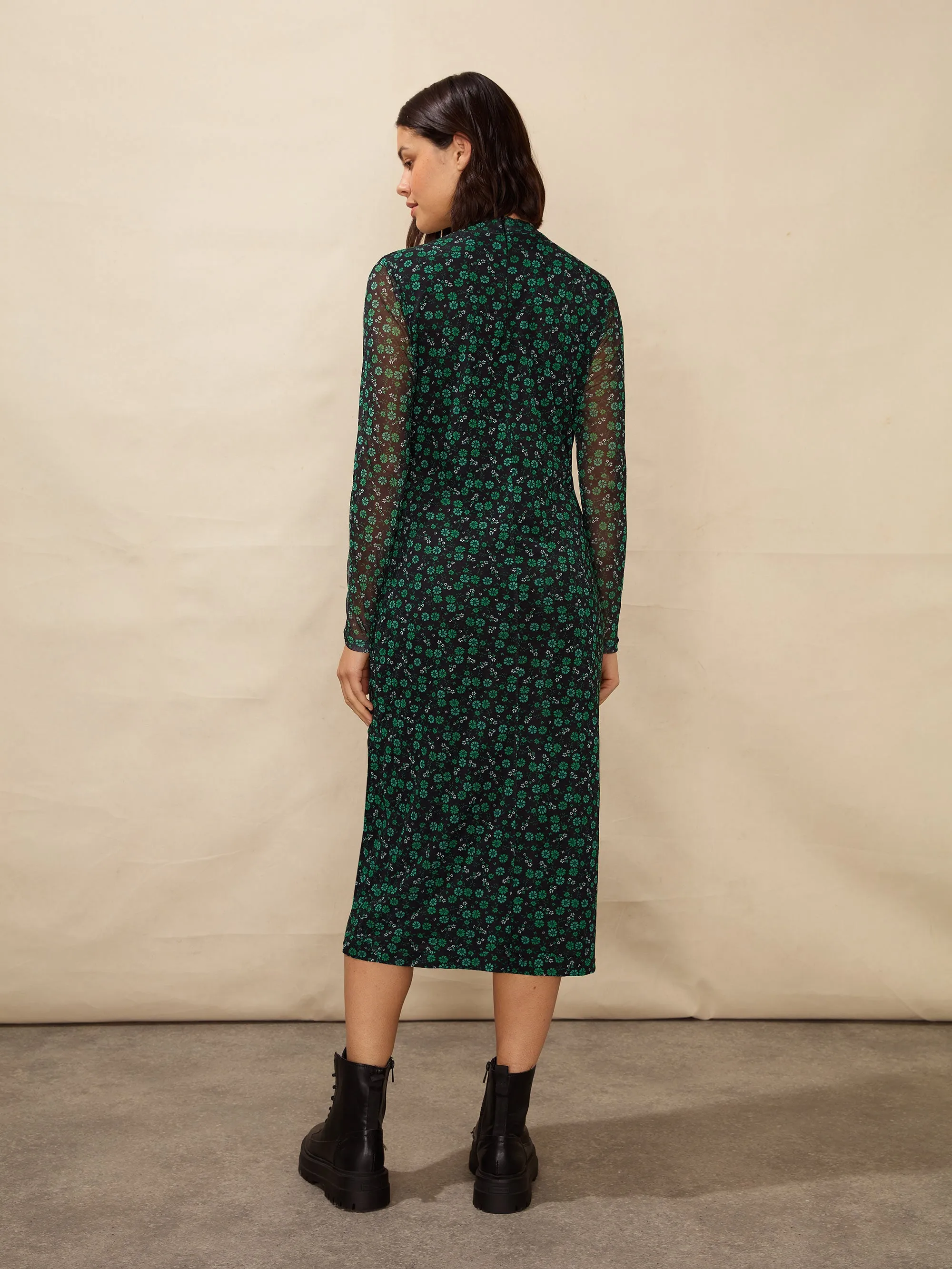 Petite Green Ditsy Print Mesh Dress