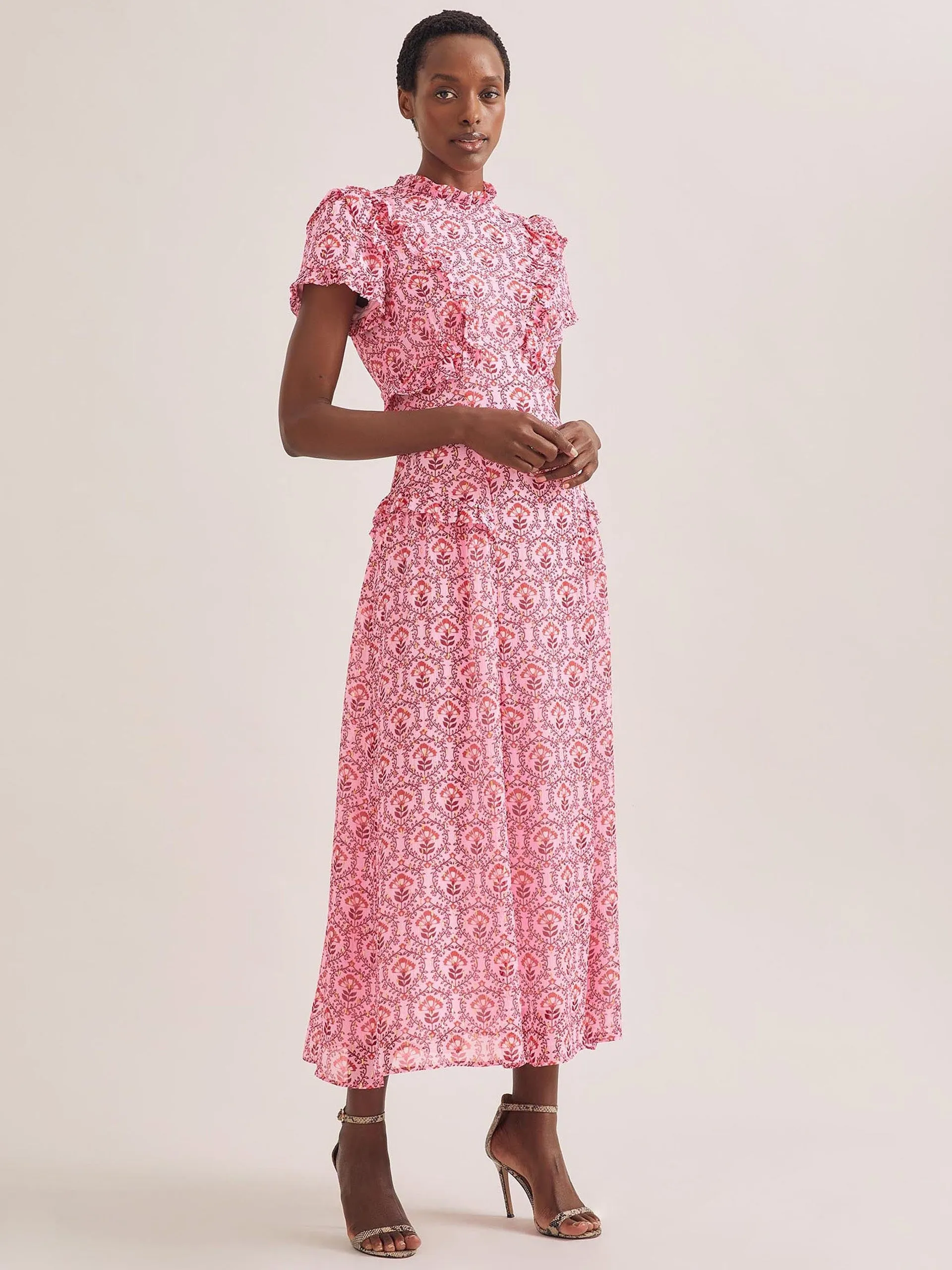 Pink carnation print Mirabel gold metallic fil coupé maxi dress