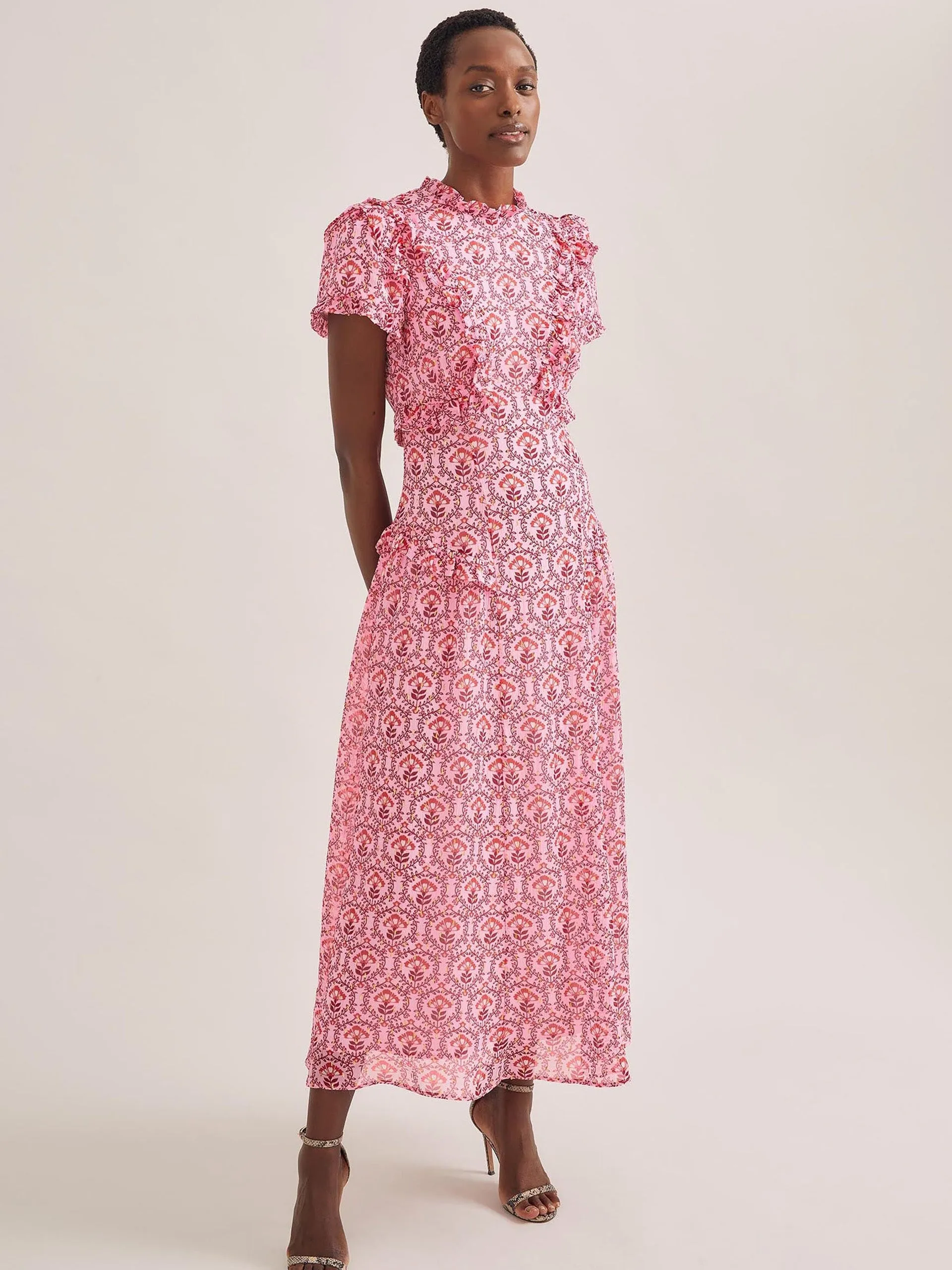 Pink carnation print Mirabel gold metallic fil coupé maxi dress