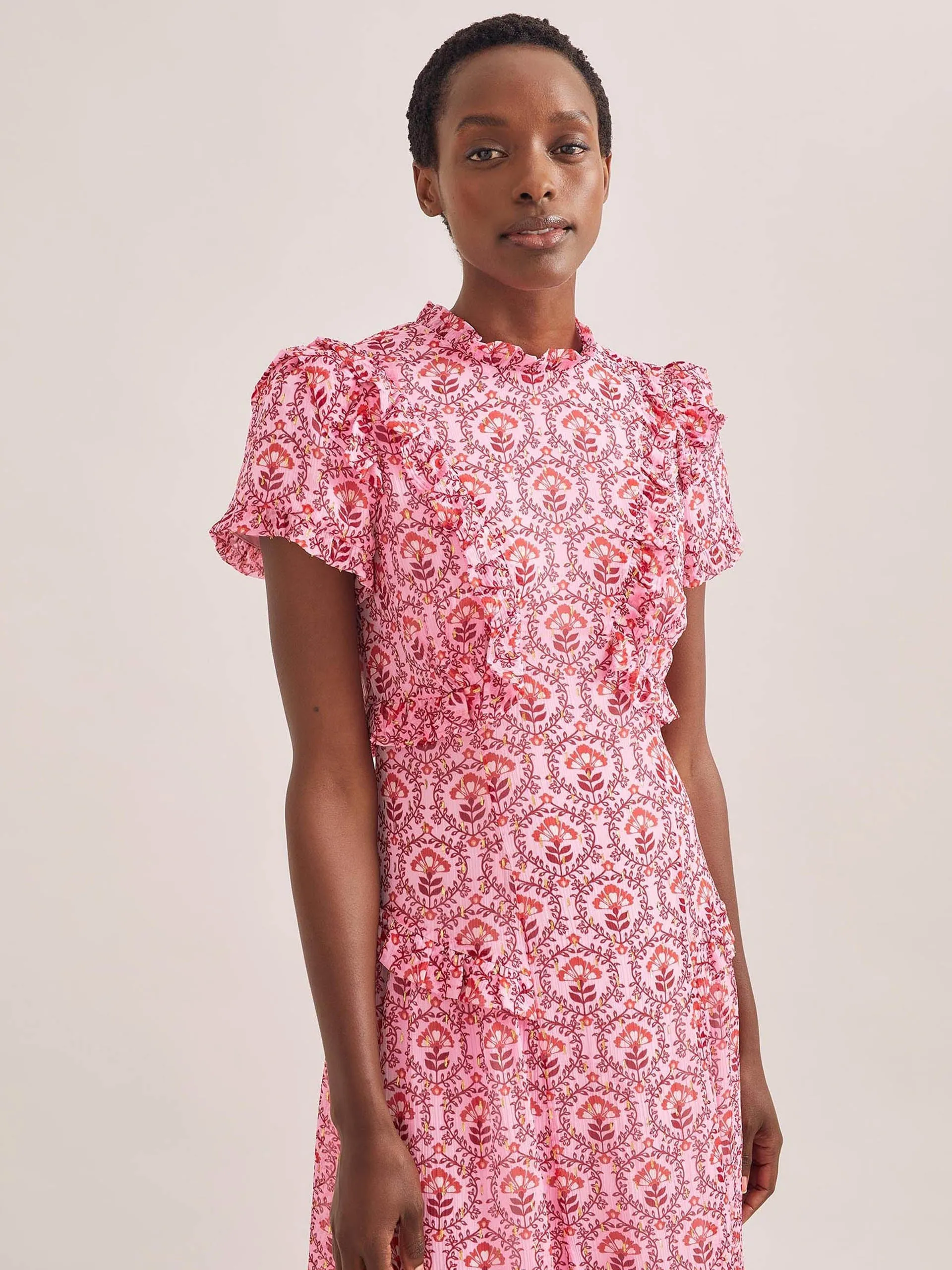 Pink carnation print Mirabel gold metallic fil coupé maxi dress