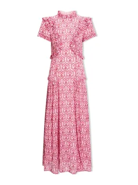 Pink carnation print Mirabel gold metallic fil coupé maxi dress