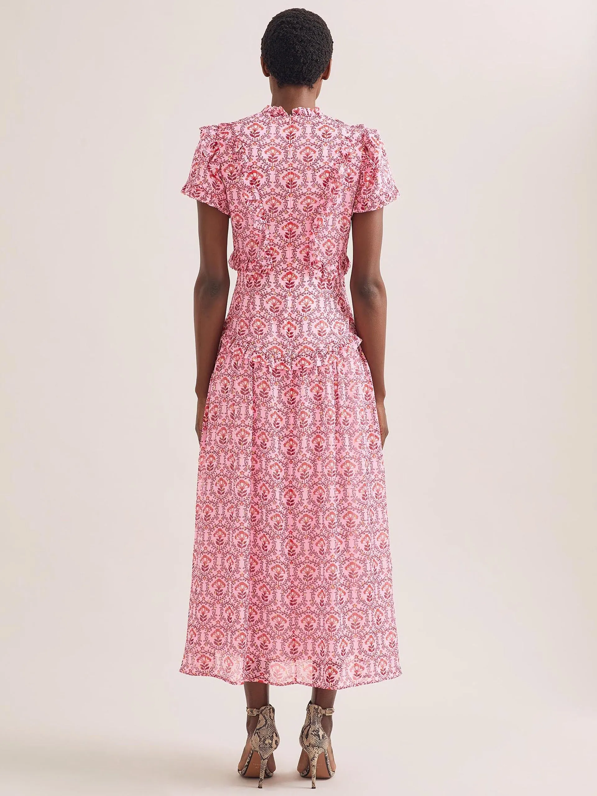Pink carnation print Mirabel gold metallic fil coupé maxi dress