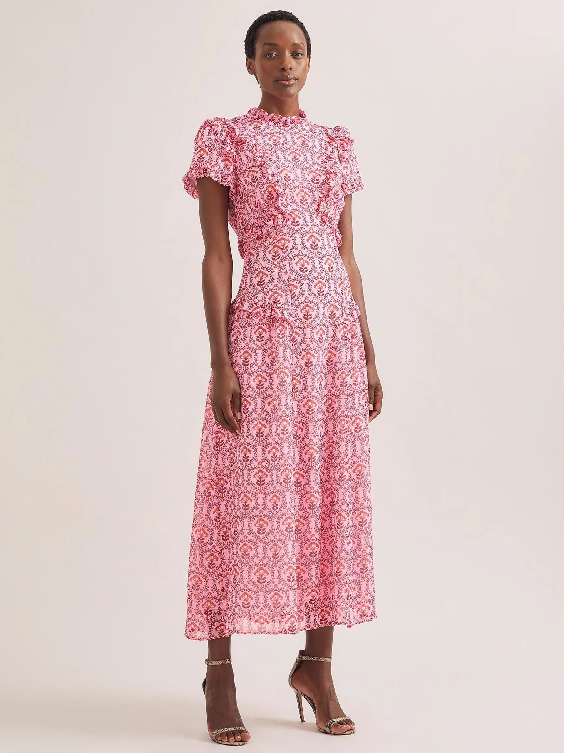 Pink carnation print Mirabel gold metallic fil coupé maxi dress