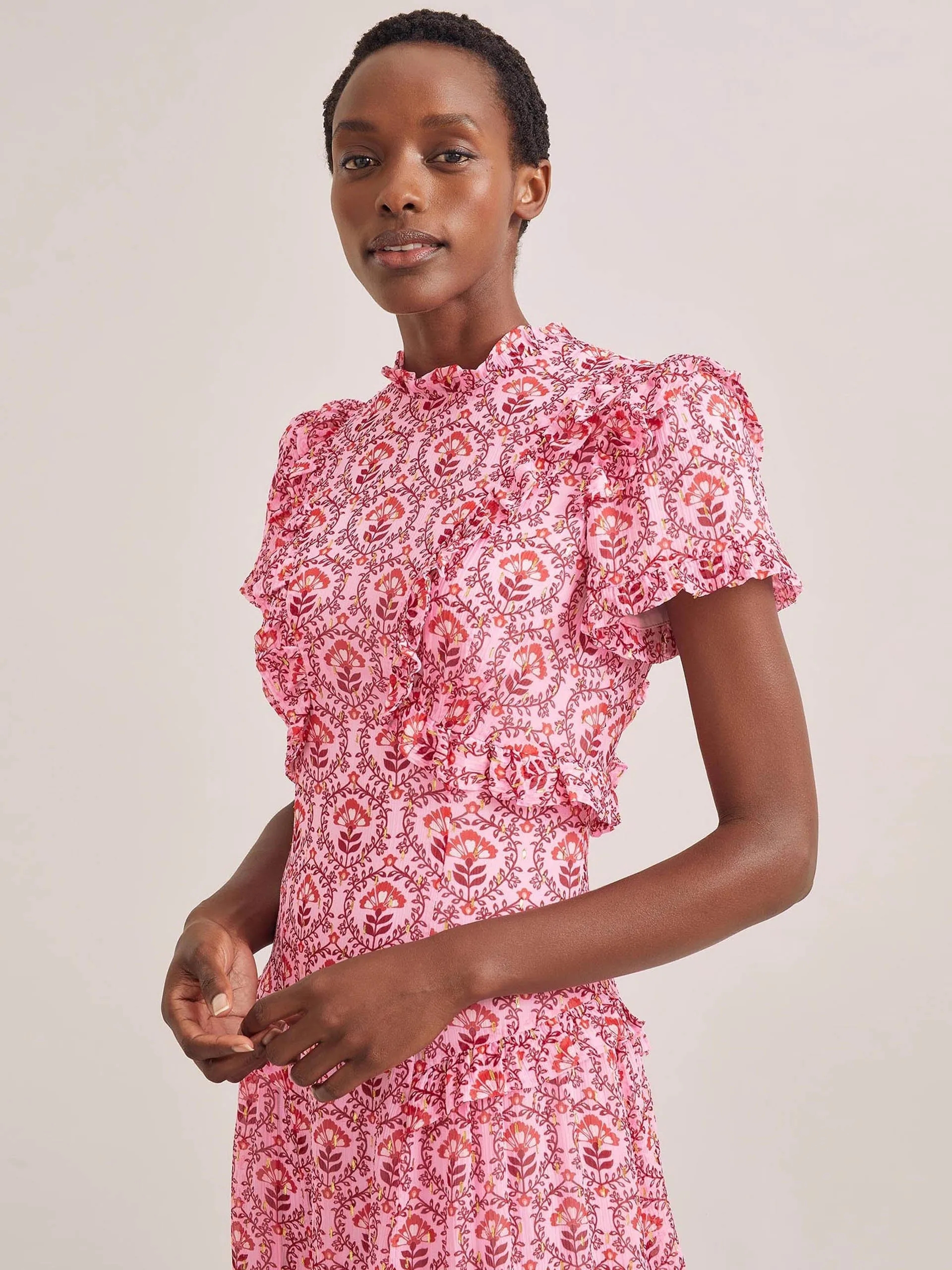 Pink carnation print Mirabel gold metallic fil coupé maxi dress