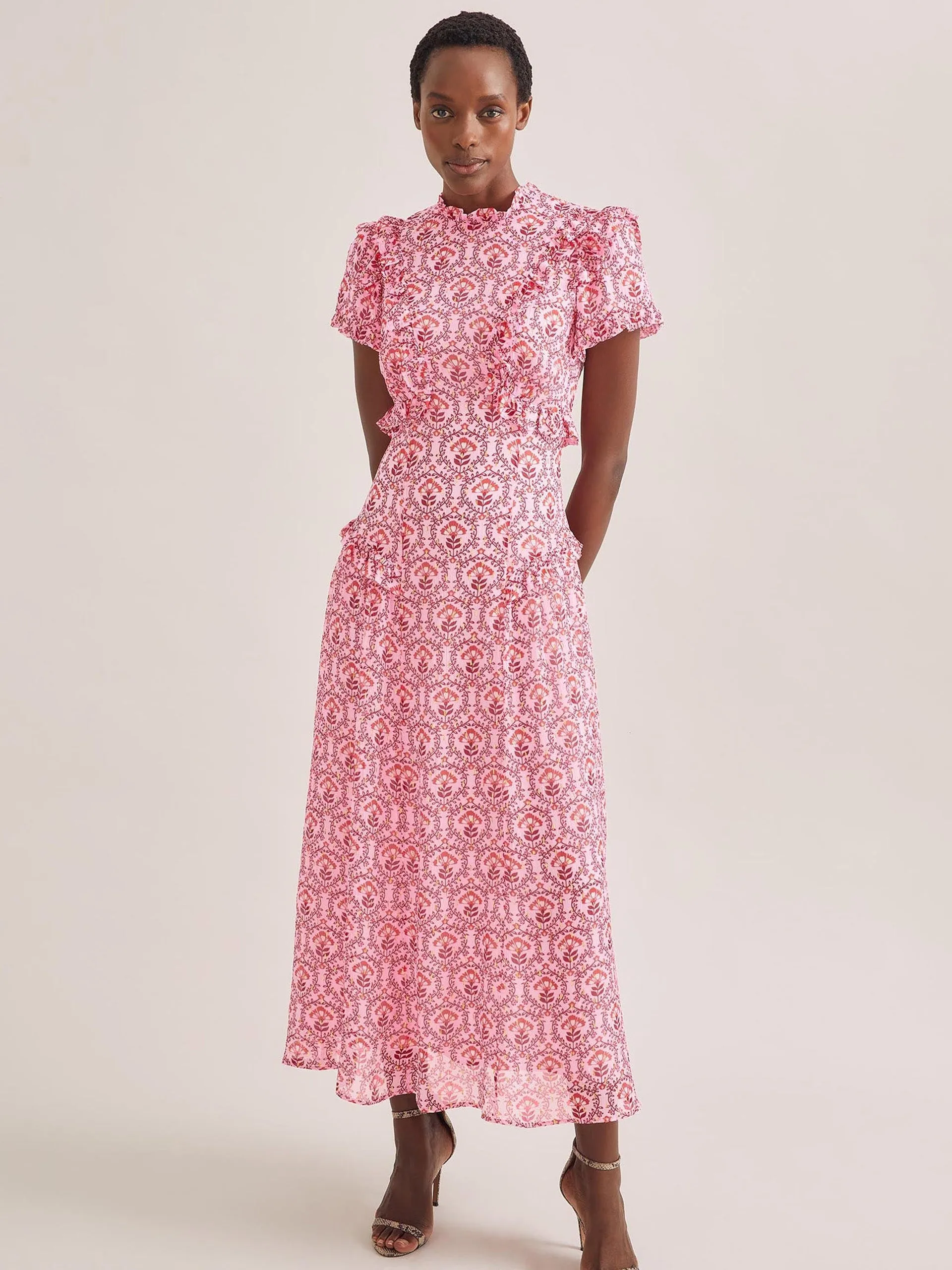 Pink carnation print Mirabel gold metallic fil coupé maxi dress