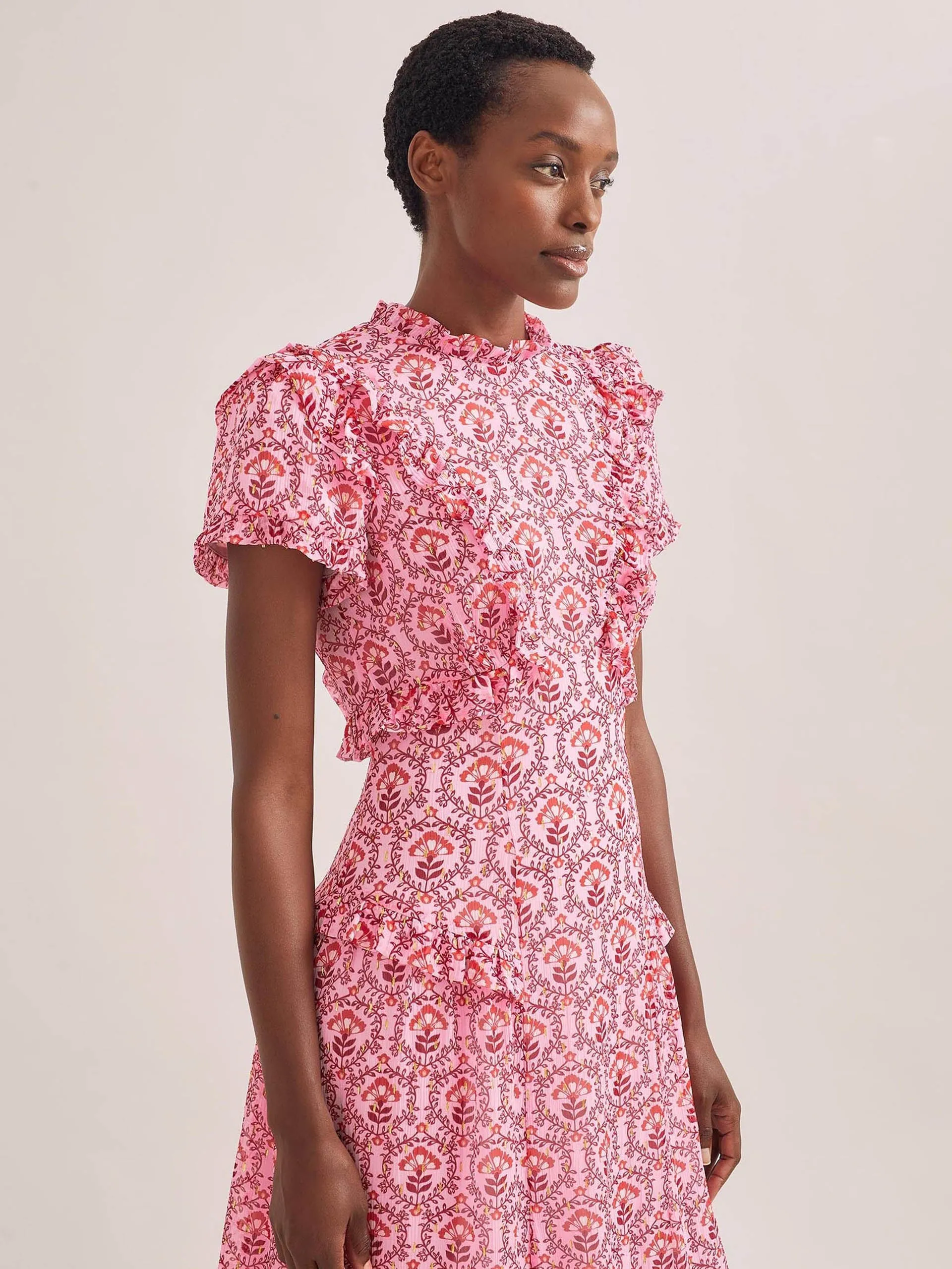 Pink carnation print Mirabel gold metallic fil coupé maxi dress