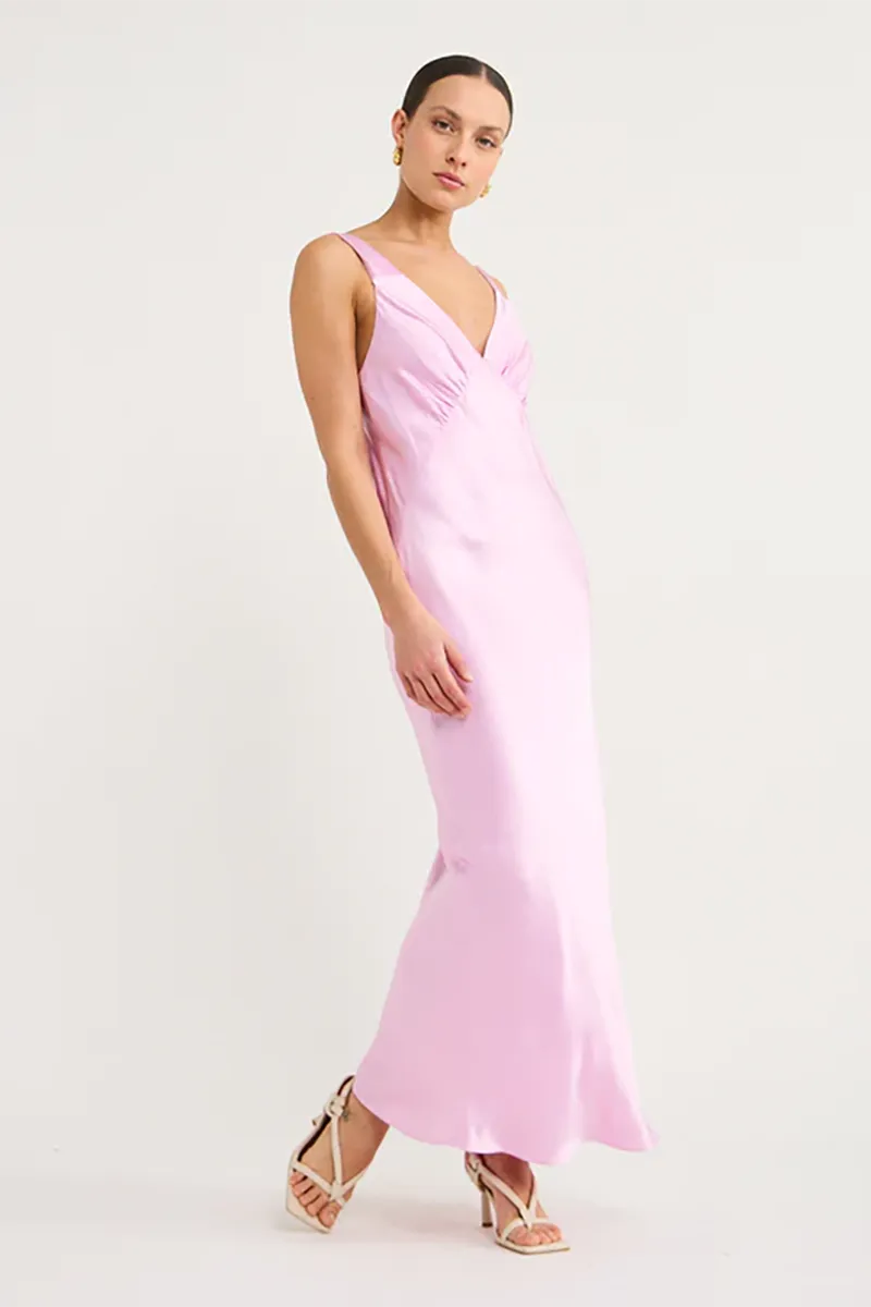 Plunged Midi Dress in Peony