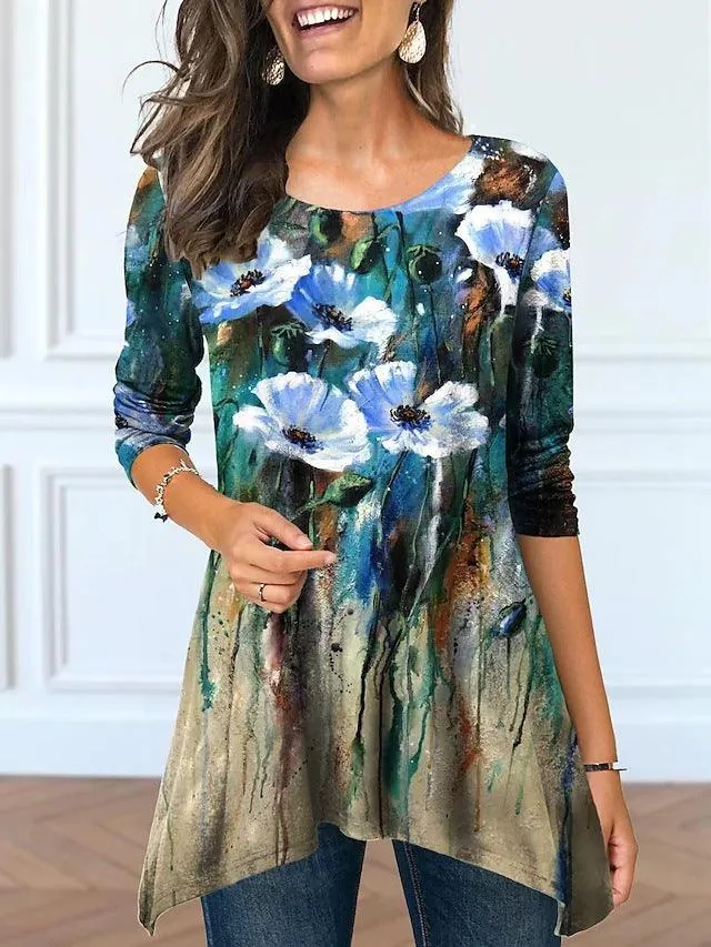 Plus Size Women's Round Neck Floral Print Dress