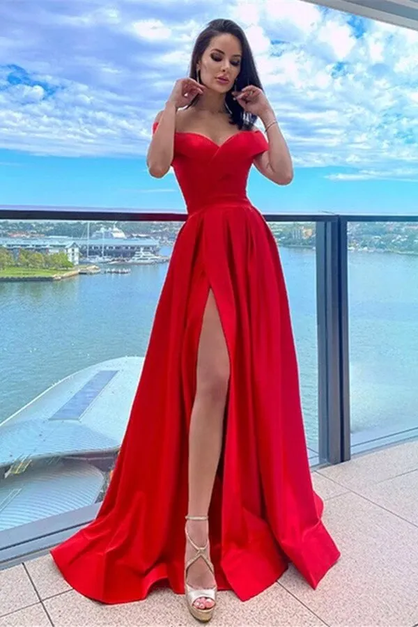 Red Satin A-line Off-the-Shoulder Prom Dresses With Slit, Evening Dress, SP903