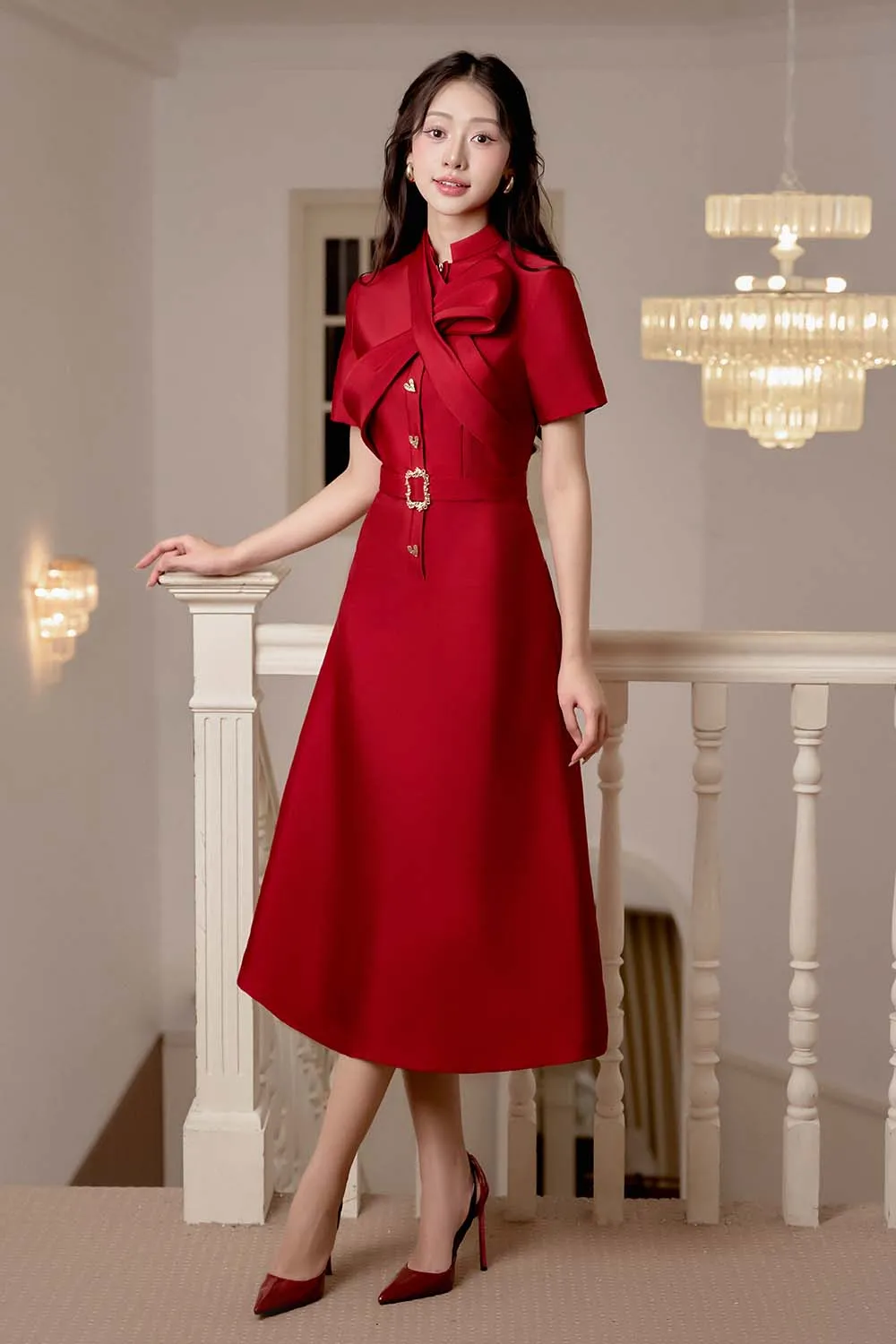 Renda A-line Bow Tie Taffeta Midi Dress