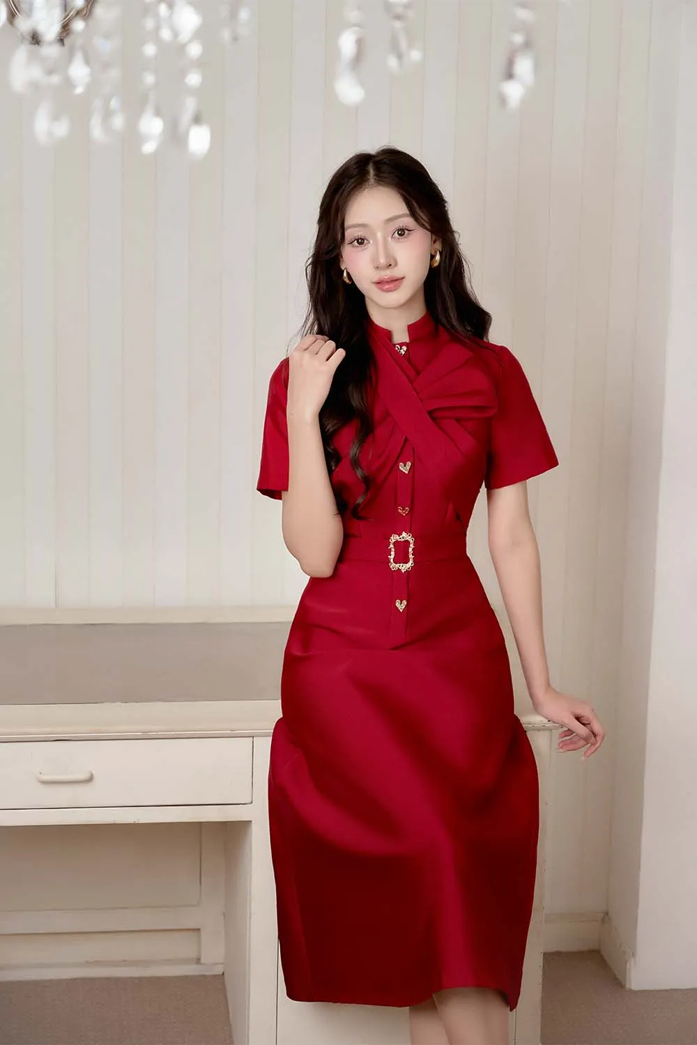 Renda A-line Bow Tie Taffeta Midi Dress