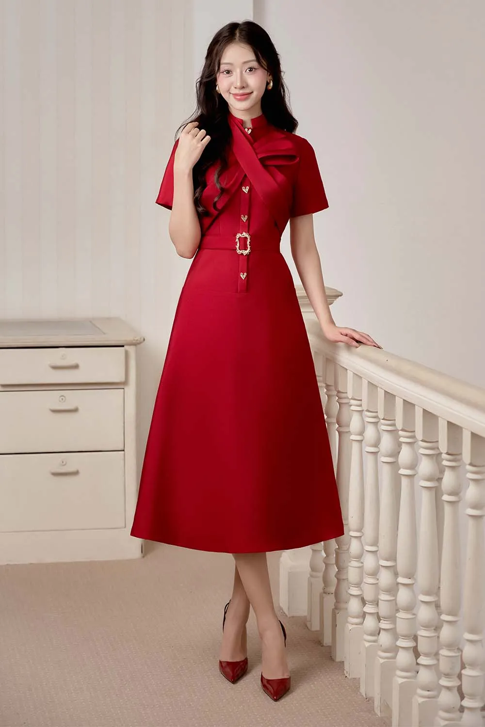 Renda A-line Bow Tie Taffeta Midi Dress