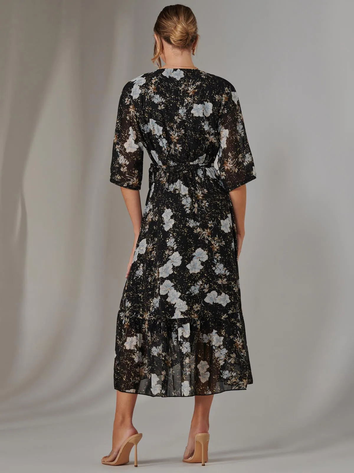 Rita Ruffle Hem Chiffon Midi Dress, Black Floral