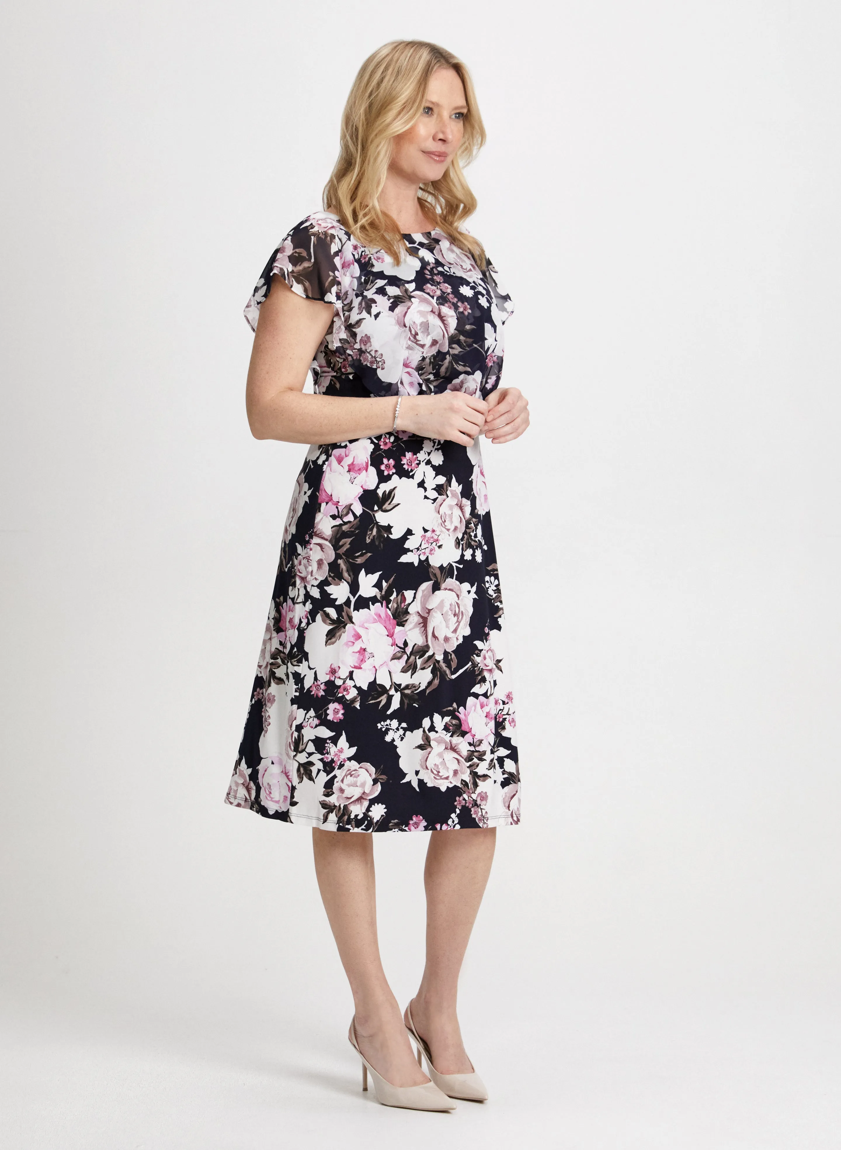 Rose Motif Flutter Sleeve Dress