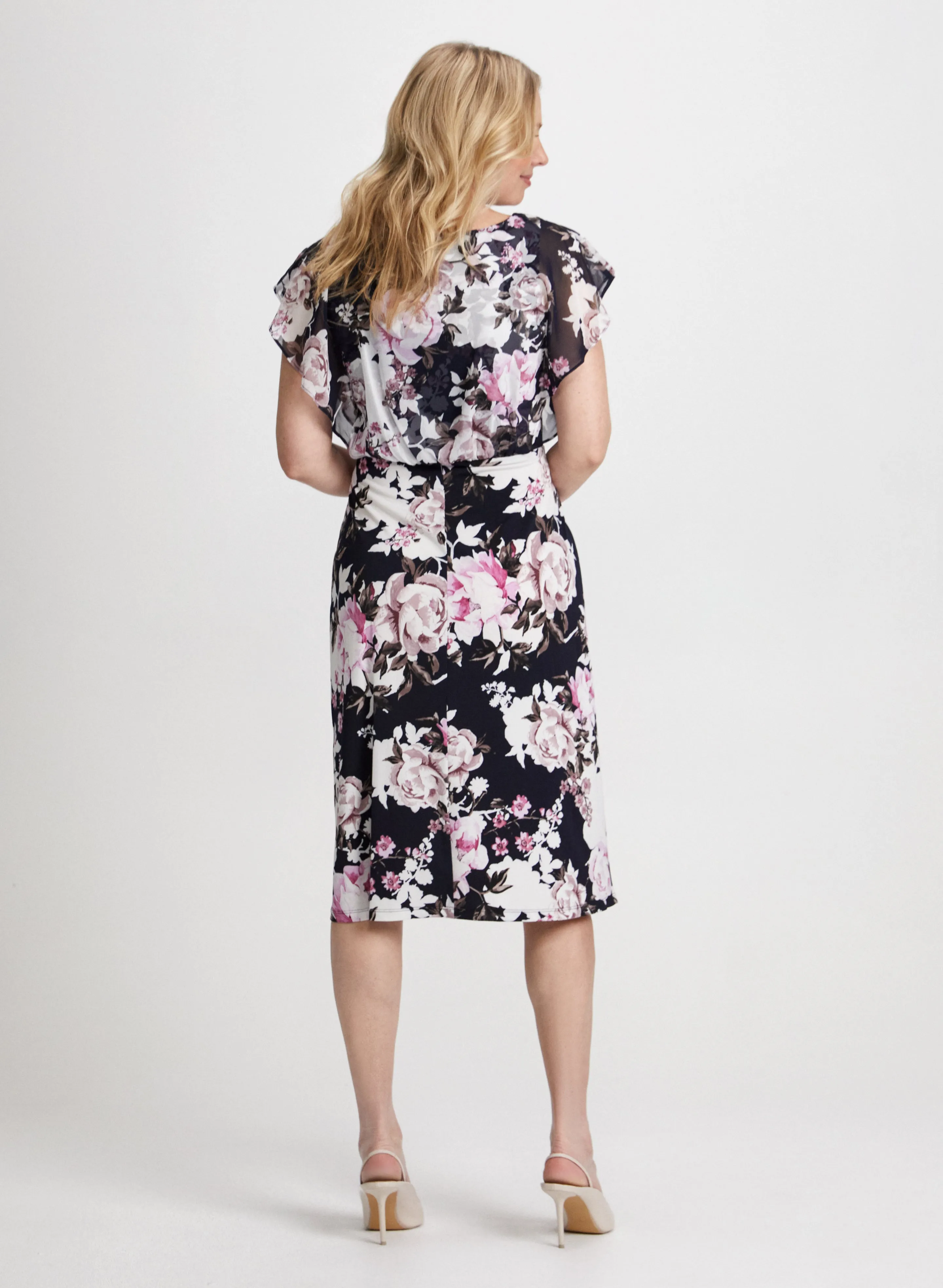 Rose Motif Flutter Sleeve Dress