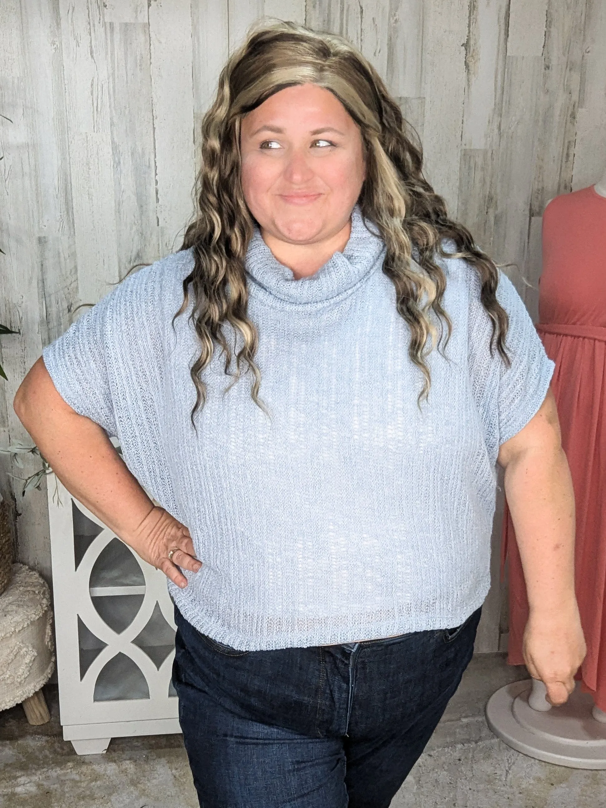 SALE- Casey Light   Airy Cowlneck Short Sleeve Sweater in Powder Blue