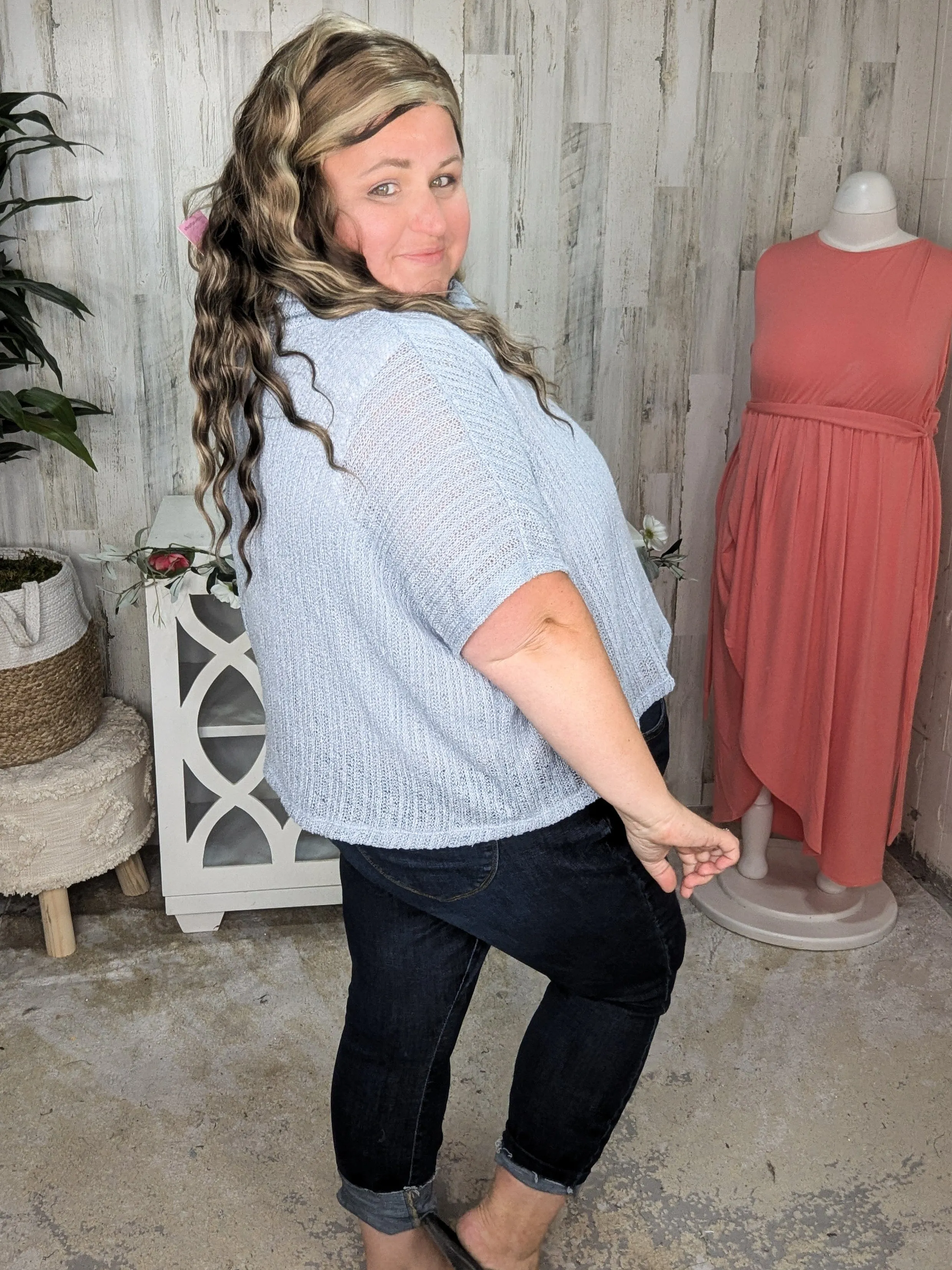 SALE- Casey Light   Airy Cowlneck Short Sleeve Sweater in Powder Blue