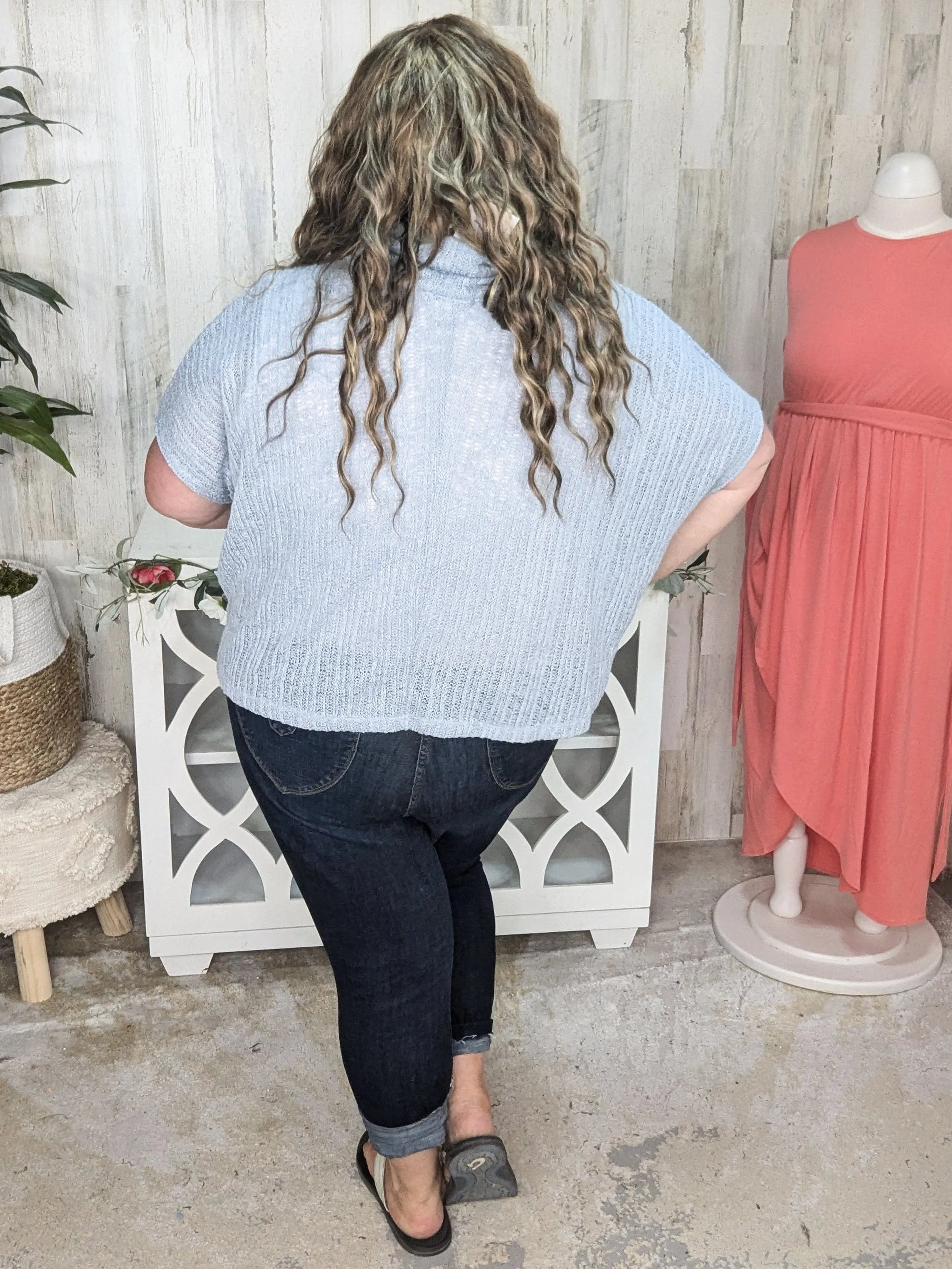 SALE- Casey Light   Airy Cowlneck Short Sleeve Sweater in Powder Blue