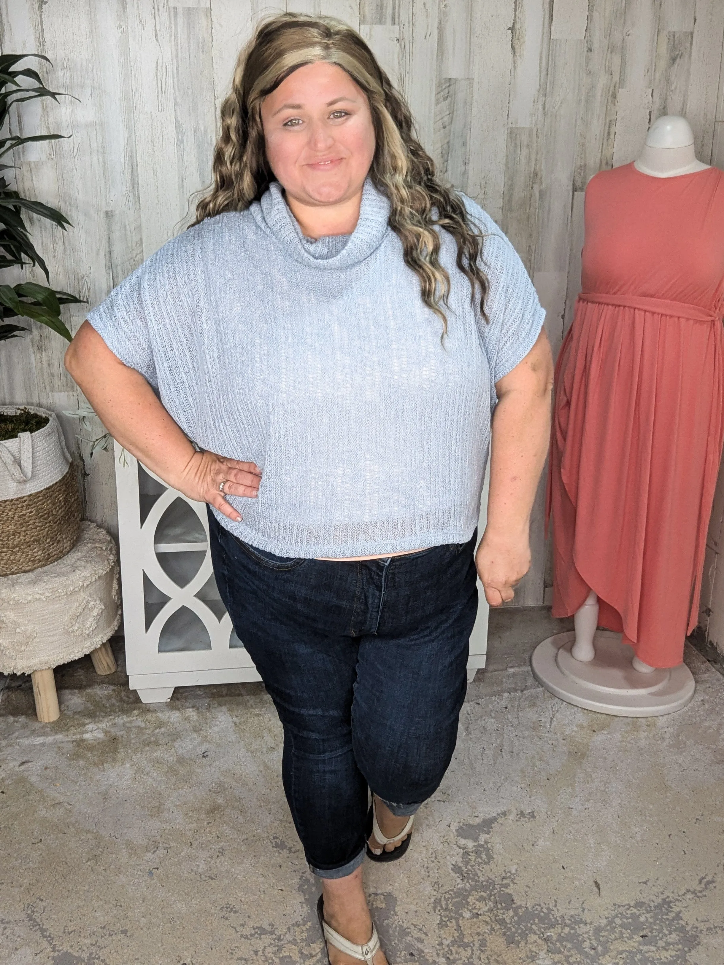 SALE- Casey Light   Airy Cowlneck Short Sleeve Sweater in Powder Blue