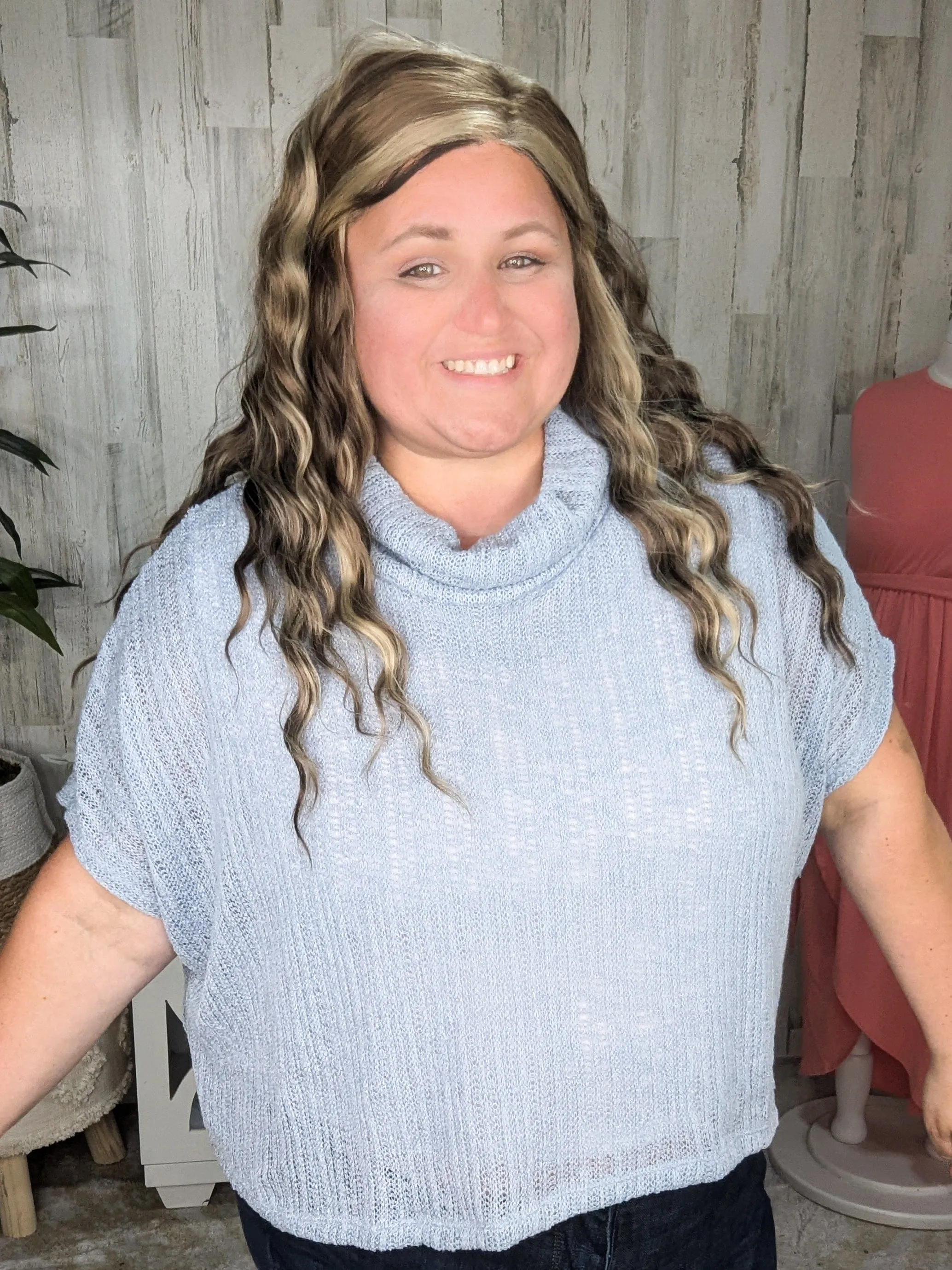 SALE- Casey Light   Airy Cowlneck Short Sleeve Sweater in Powder Blue