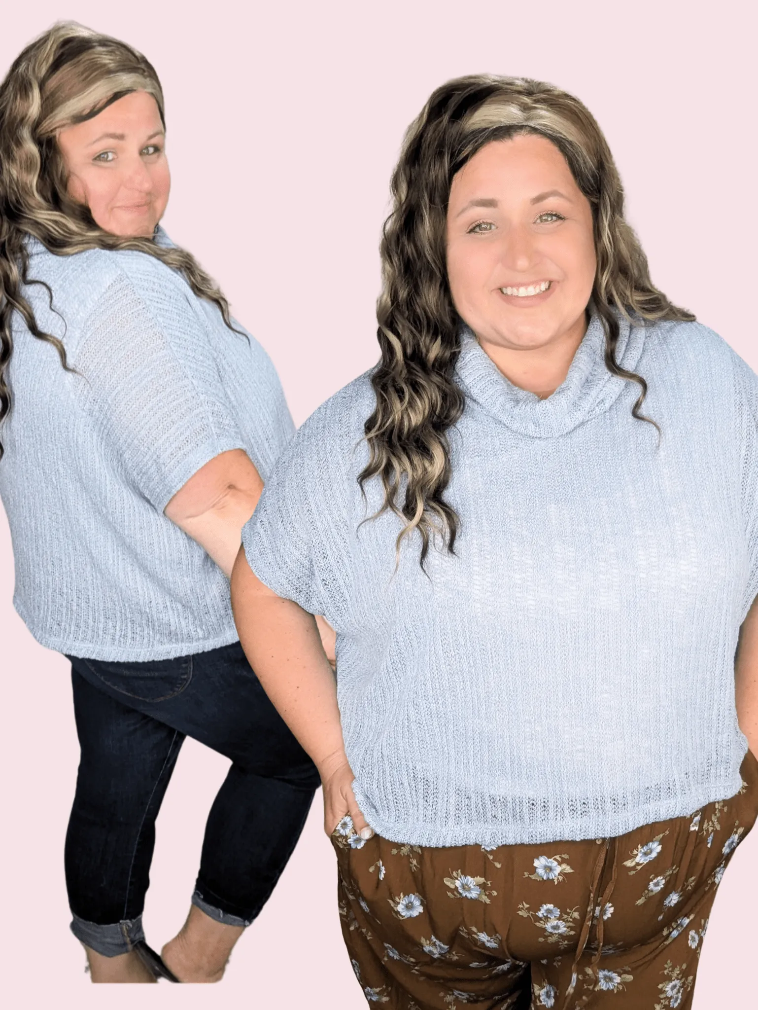 SALE- Casey Light   Airy Cowlneck Short Sleeve Sweater in Powder Blue