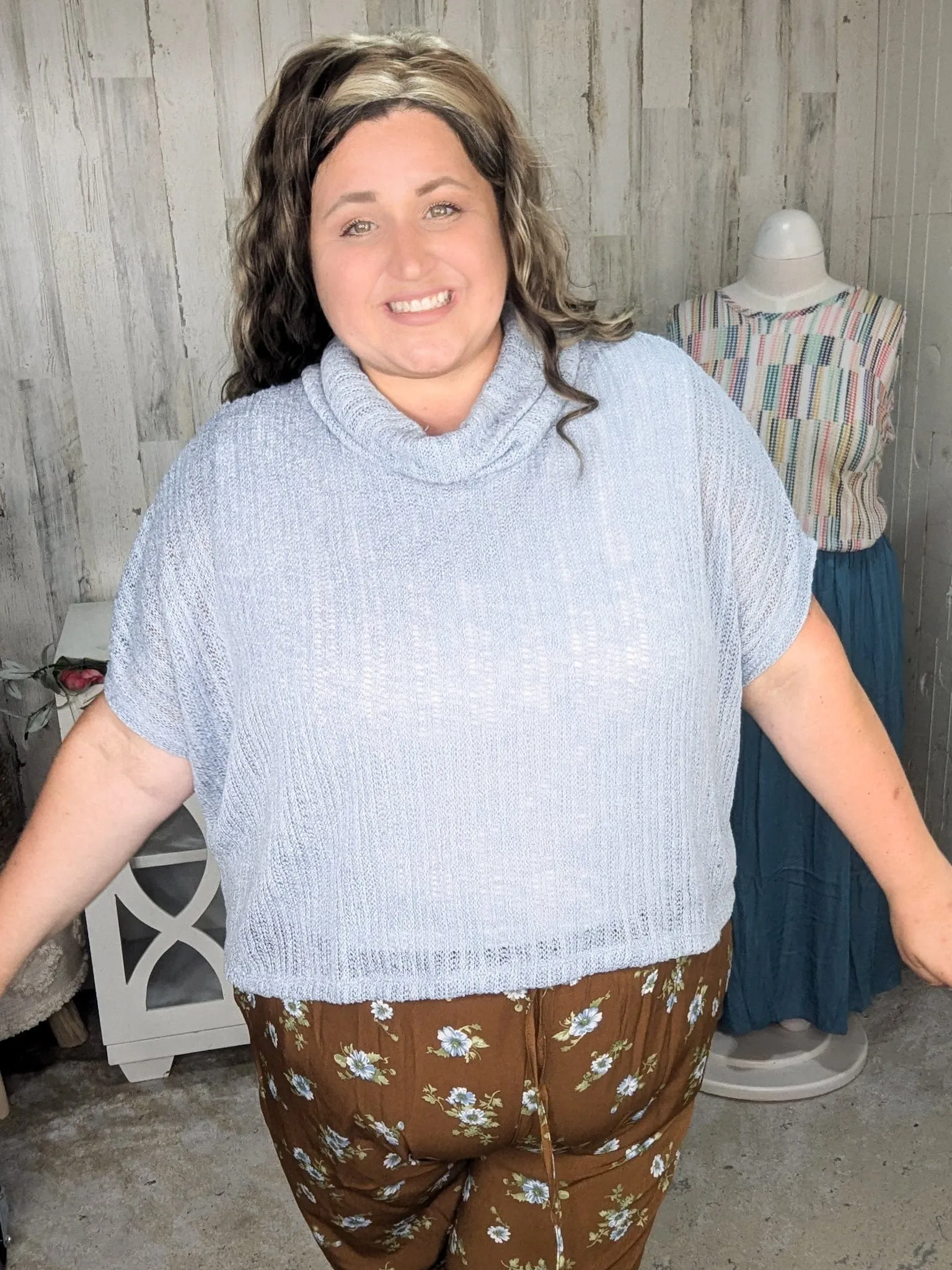 SALE- Casey Light   Airy Cowlneck Short Sleeve Sweater in Powder Blue