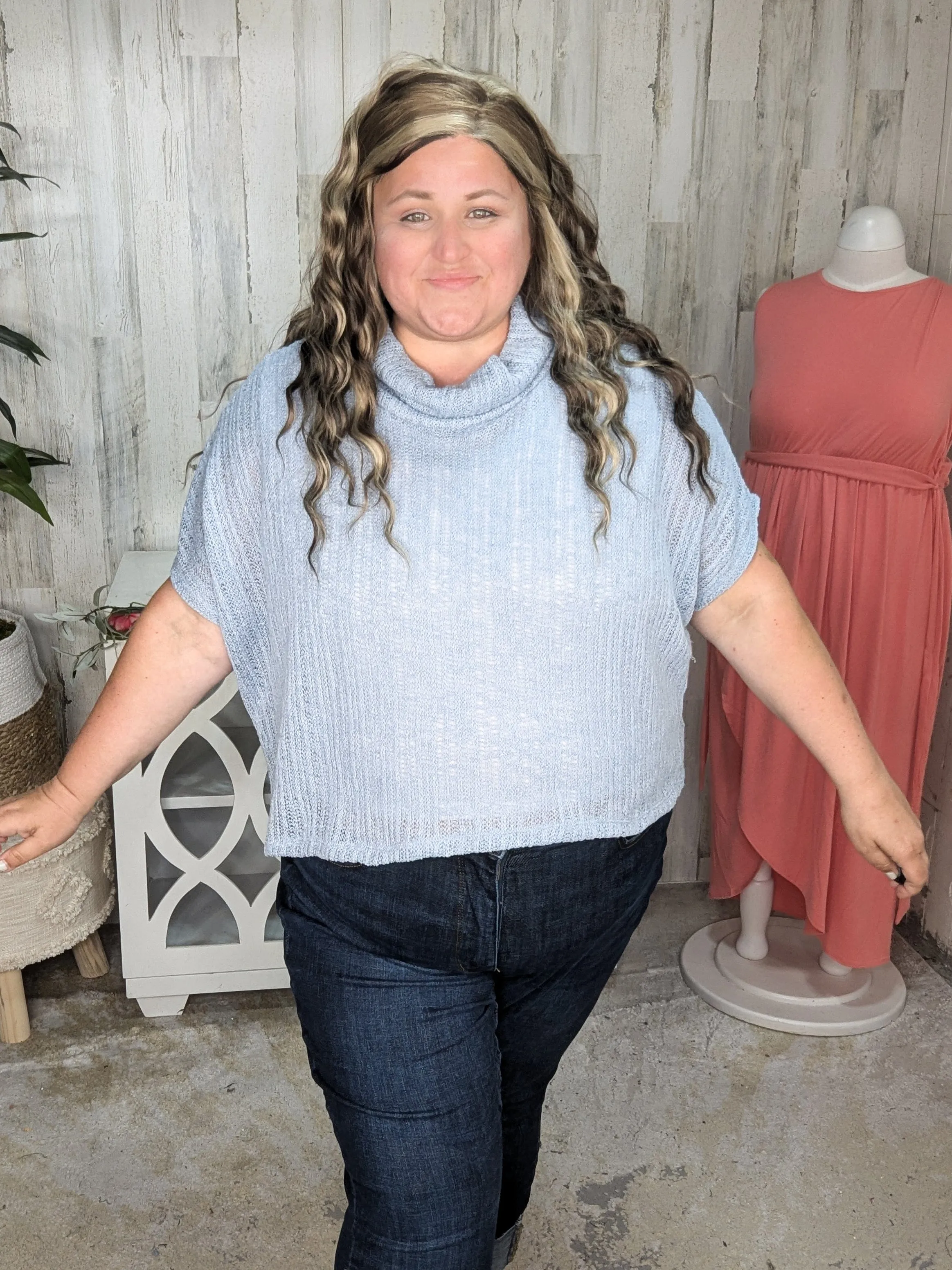 SALE- Casey Light   Airy Cowlneck Short Sleeve Sweater in Powder Blue