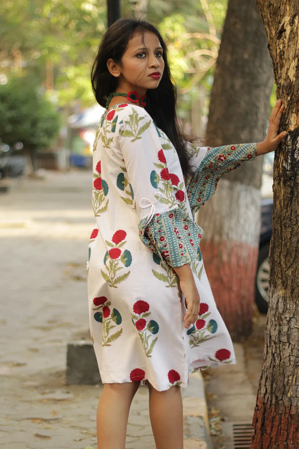 Sayali | Short Dress | Red blooms Sanganeri