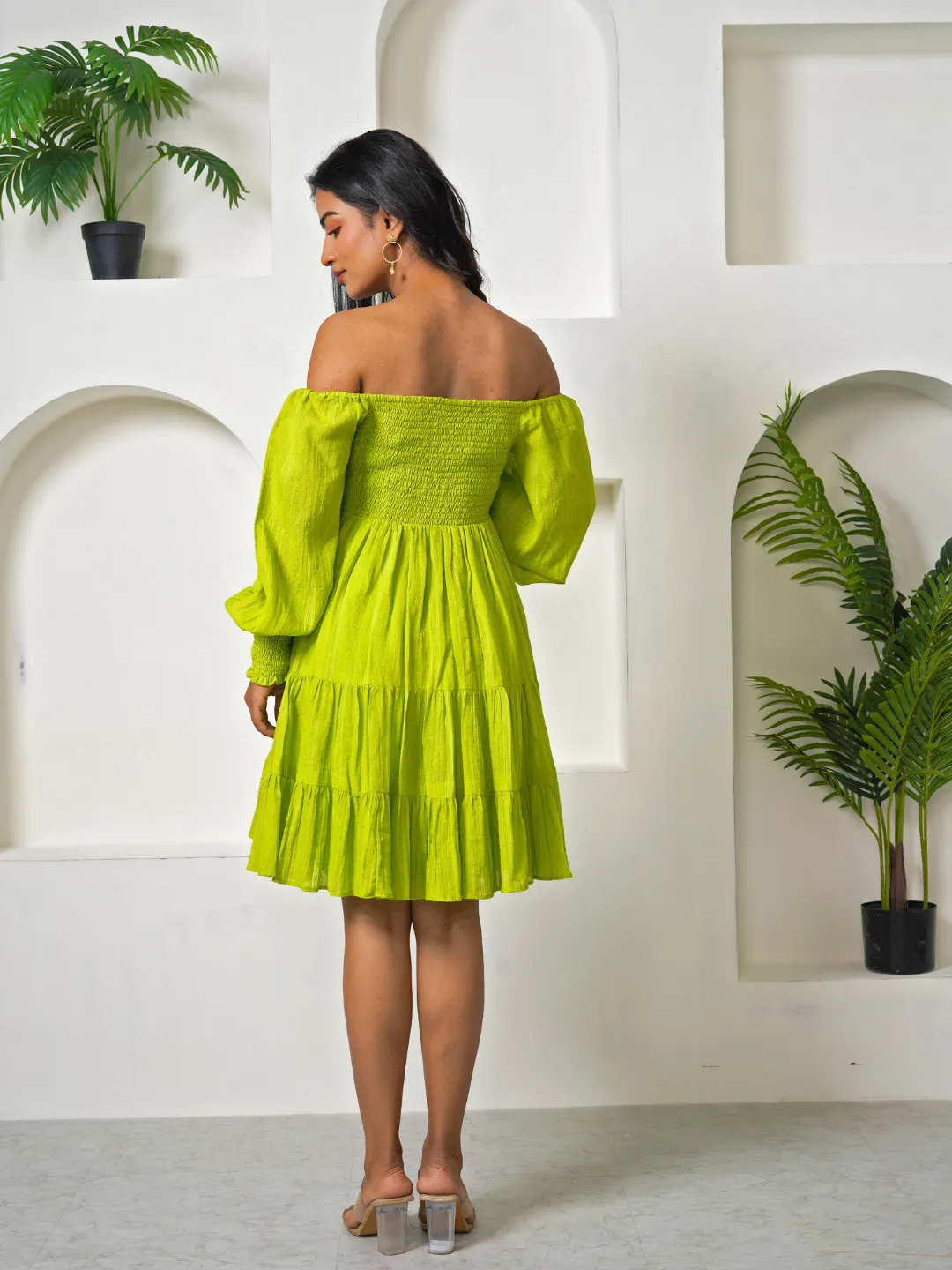 Sheen Green Cotton Square Neck Mini Dress