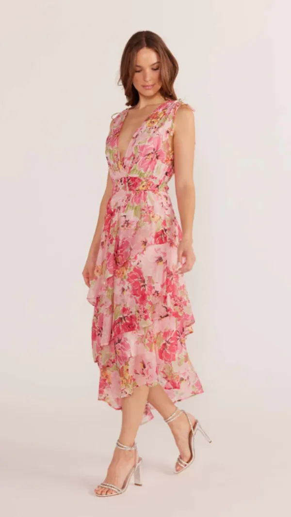 Simone Tiered Midi Dress Pink Floral