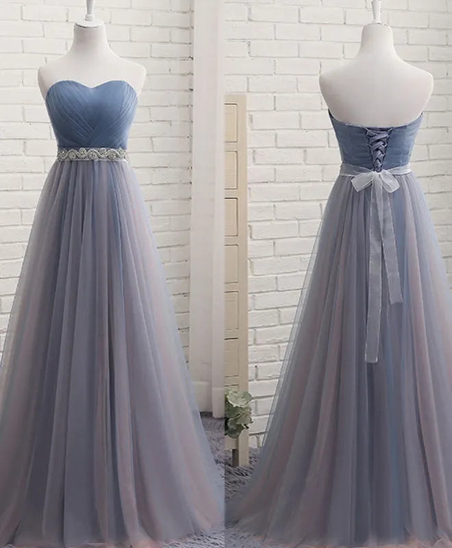 Simple Gray Blue Tulle Prom Dress, Gray Blue Bridesmaid Dress