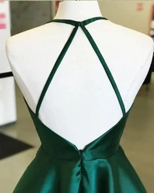 Simple Satin Dark Green Spaghetti Straps Halter Open Back Homecoming Dress, SH511