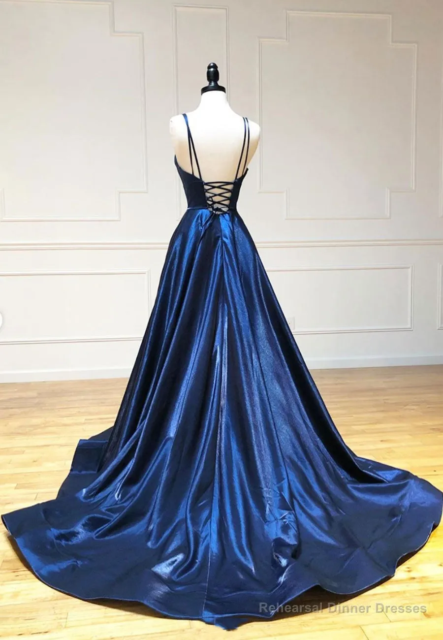 Simple Satin Long Prom Dresses, A Line Blue Evening Dresses