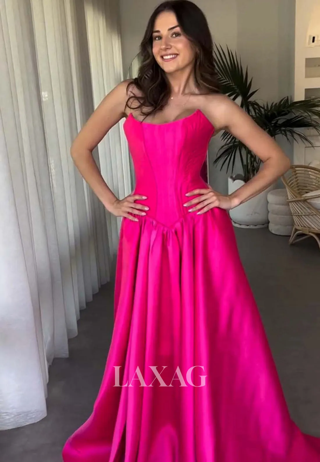 Simple Scoop-Neck Off-Shoulder Sleeveless Formal Gowns Pleated Satin A-Line Prom Dress with Sweep Train