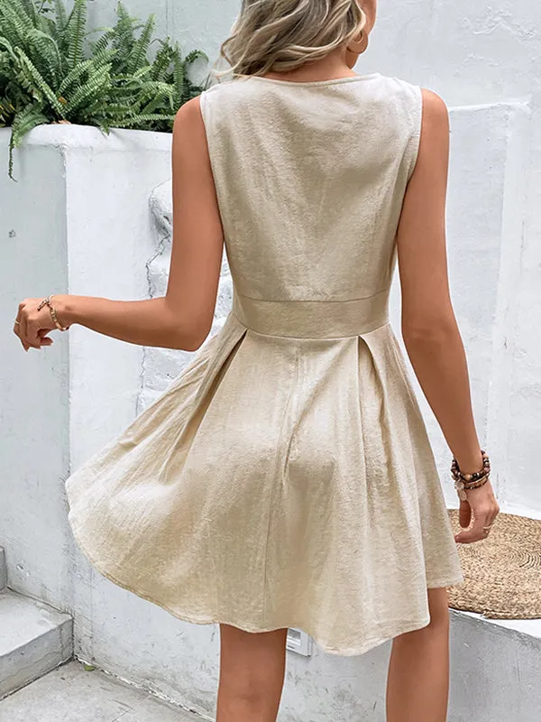 Solid Color High Waisted Sleeveless V-Neck Mini Dresses