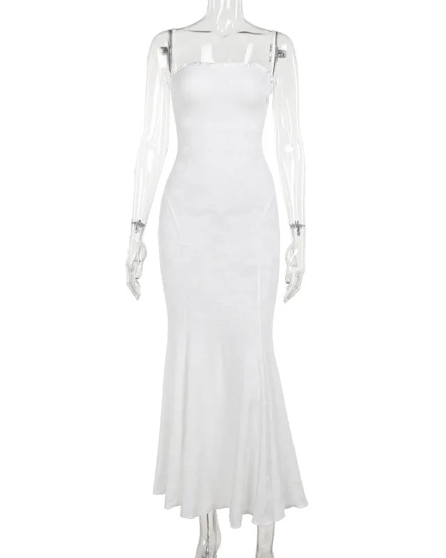 Square Neck Jacquard Backless Suspender Wrap Butt Fishtail Dress