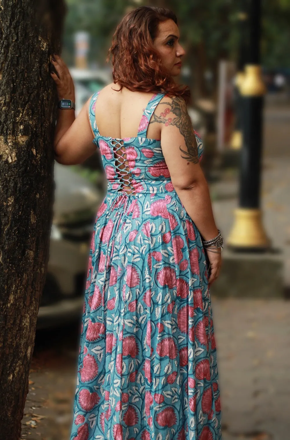 Tarangini | Long  Kali Dress | Blue & Red Florals Sanganeri