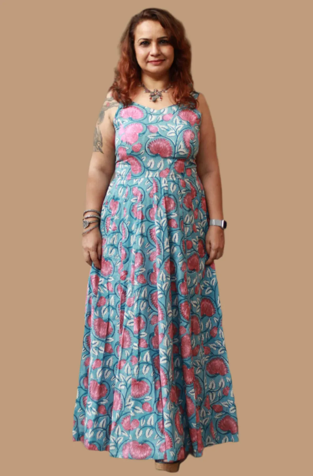 Tarangini | Long  Kali Dress | Blue & Red Florals Sanganeri