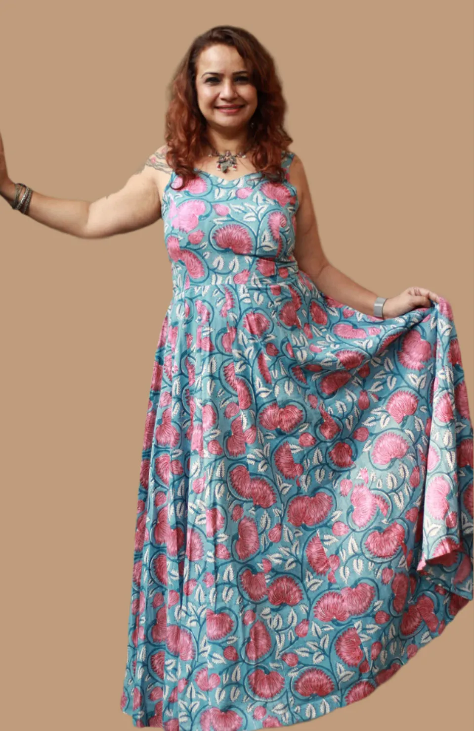 Tarangini | Long  Kali Dress | Blue & Red Florals Sanganeri