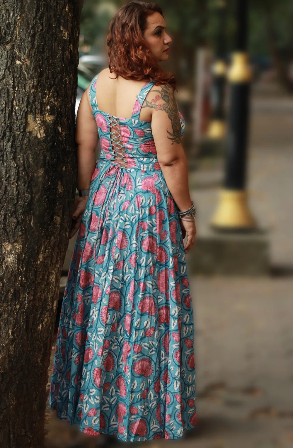 Tarangini | Long  Kali Dress | Blue & Red Florals Sanganeri