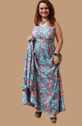 Tarangini | Long  Kali Dress | Blue & Red Florals Sanganeri