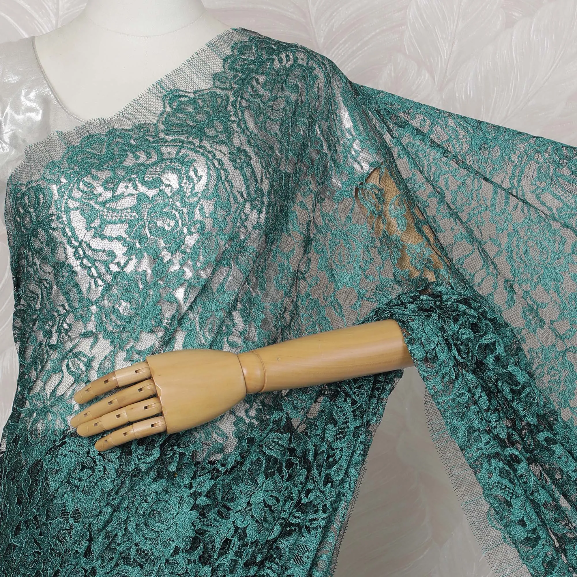 Teal Green and Black French Two-tone Chantilly Lace Saree - 110 cm Width, 5.5 Meters-D20174