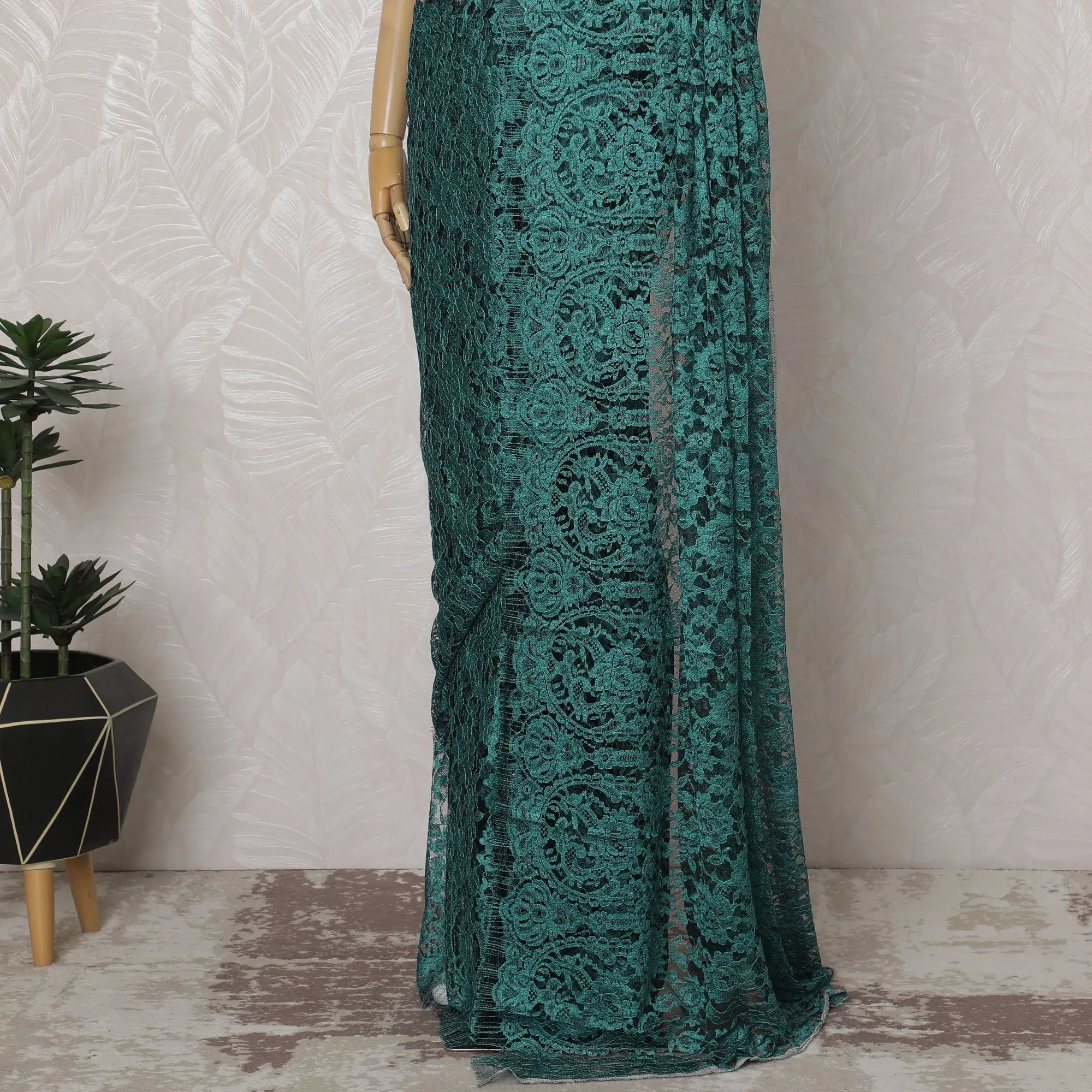 Teal Green and Black French Two-tone Chantilly Lace Saree - 110 cm Width, 5.5 Meters-D20174
